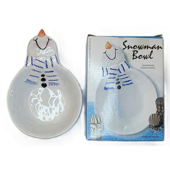 Christmas Holiday Snowman 2 Bowls 1 Tealight Holder Blue White Painted Ceramic - Picture 5 of 8